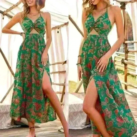 Dresses & Skirts - Boho Green Orange Cutout Maxi Dress